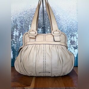 Cole Haan Vintage y2K SoHo Ruched Hobo in sandstone color.